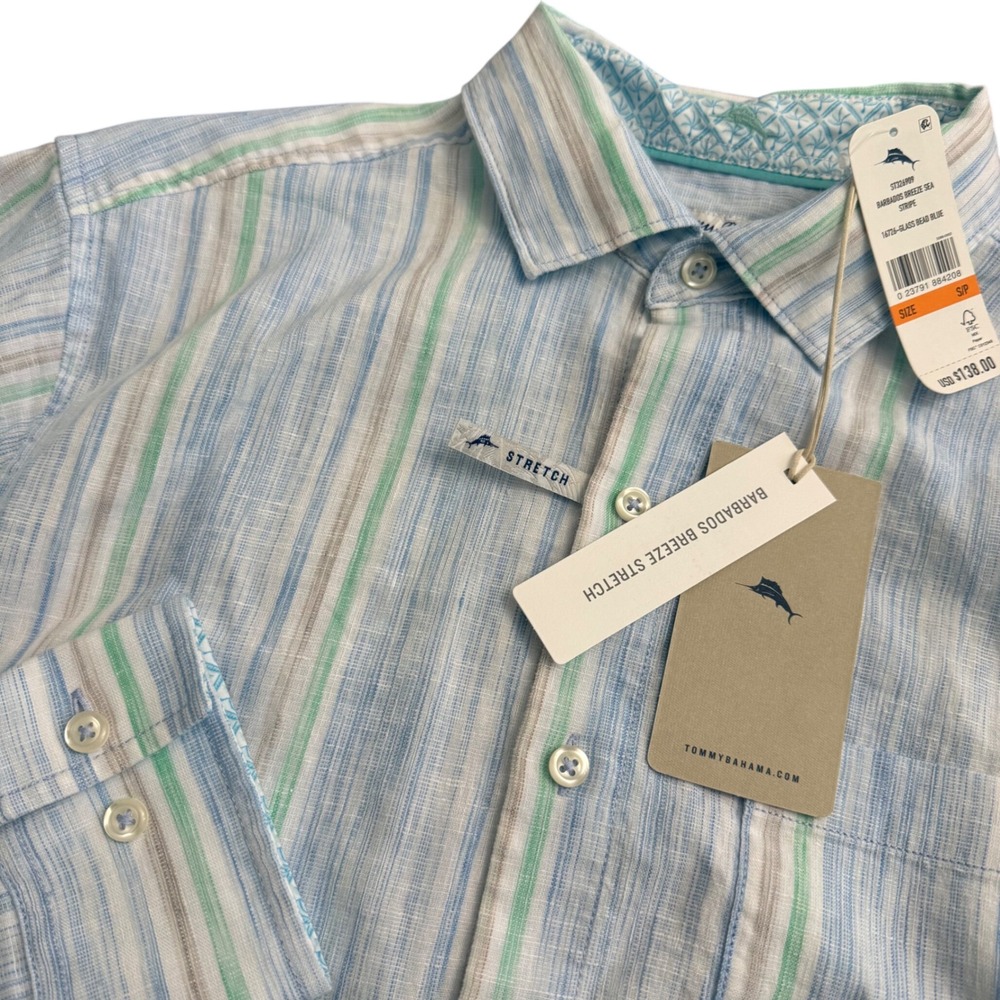 Tommy Bahama Barbados Breeze Sea Stripe Linen Stretch Shirt Glass Bead Blue S